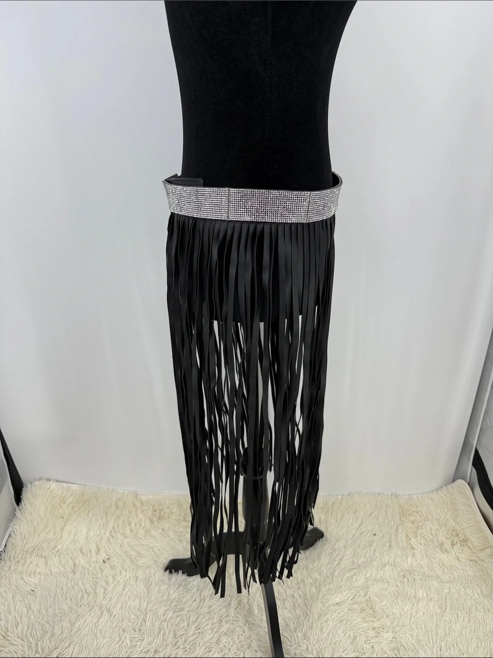 Faux Leather Fringe Belt with Rhinestone Waistband - Black